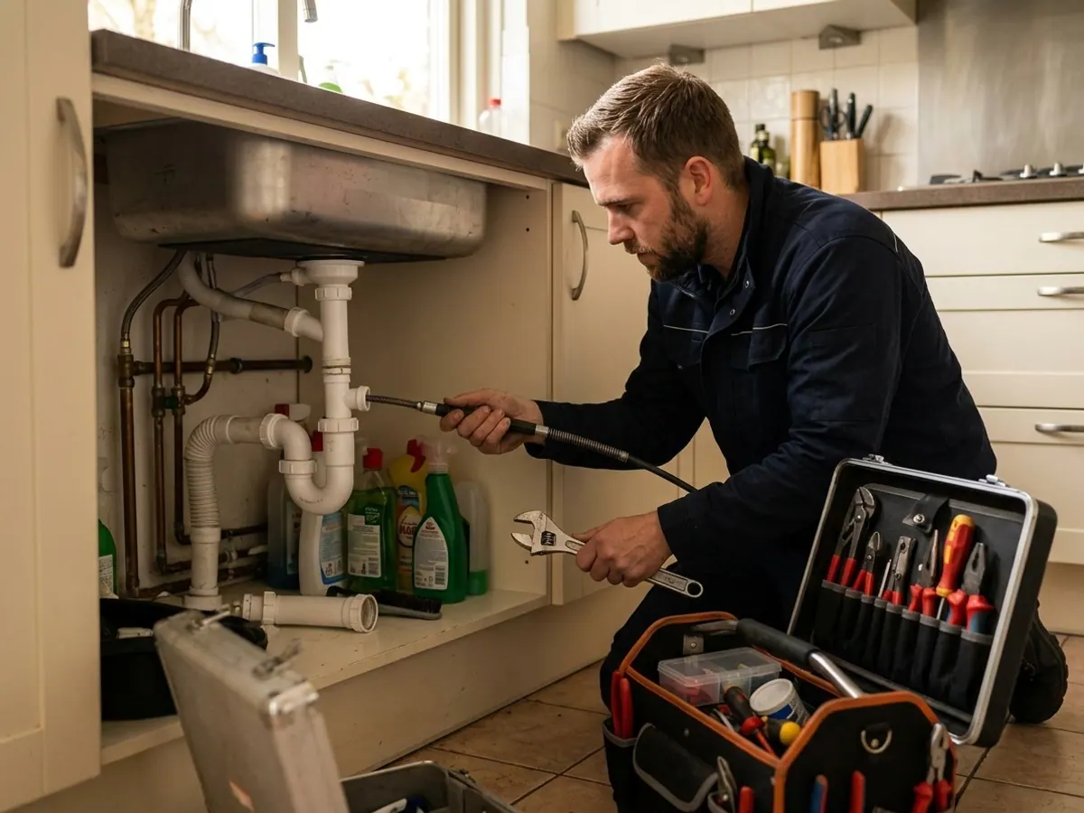 Loodgieter lost vakkundig een verstopping op in de afvoerleiding