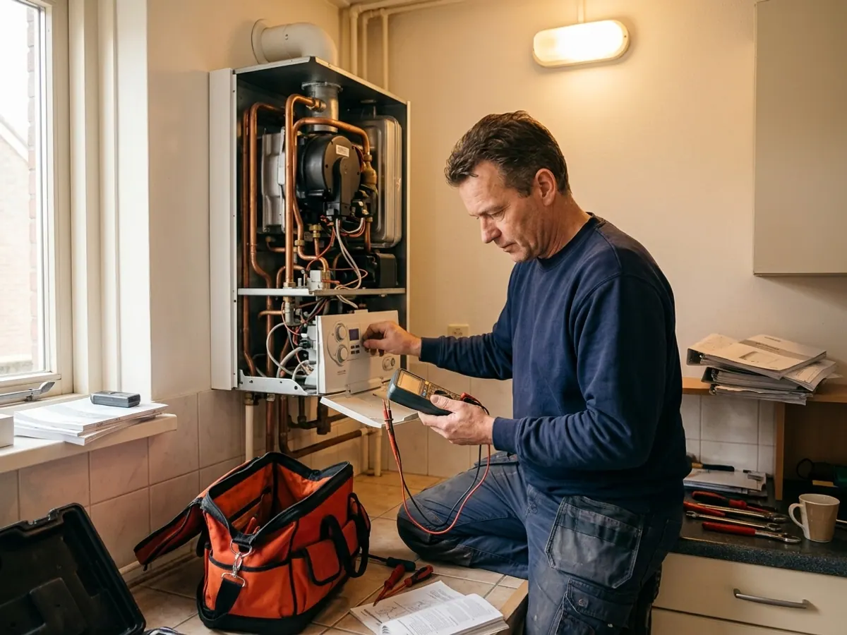 Ervaren monteur inspecteert en test de cv-ketel grondig