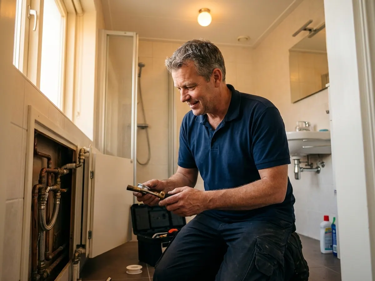 Gecertificeerde monteur inspecteert nauwkeurig leidingwerk in de badkamer