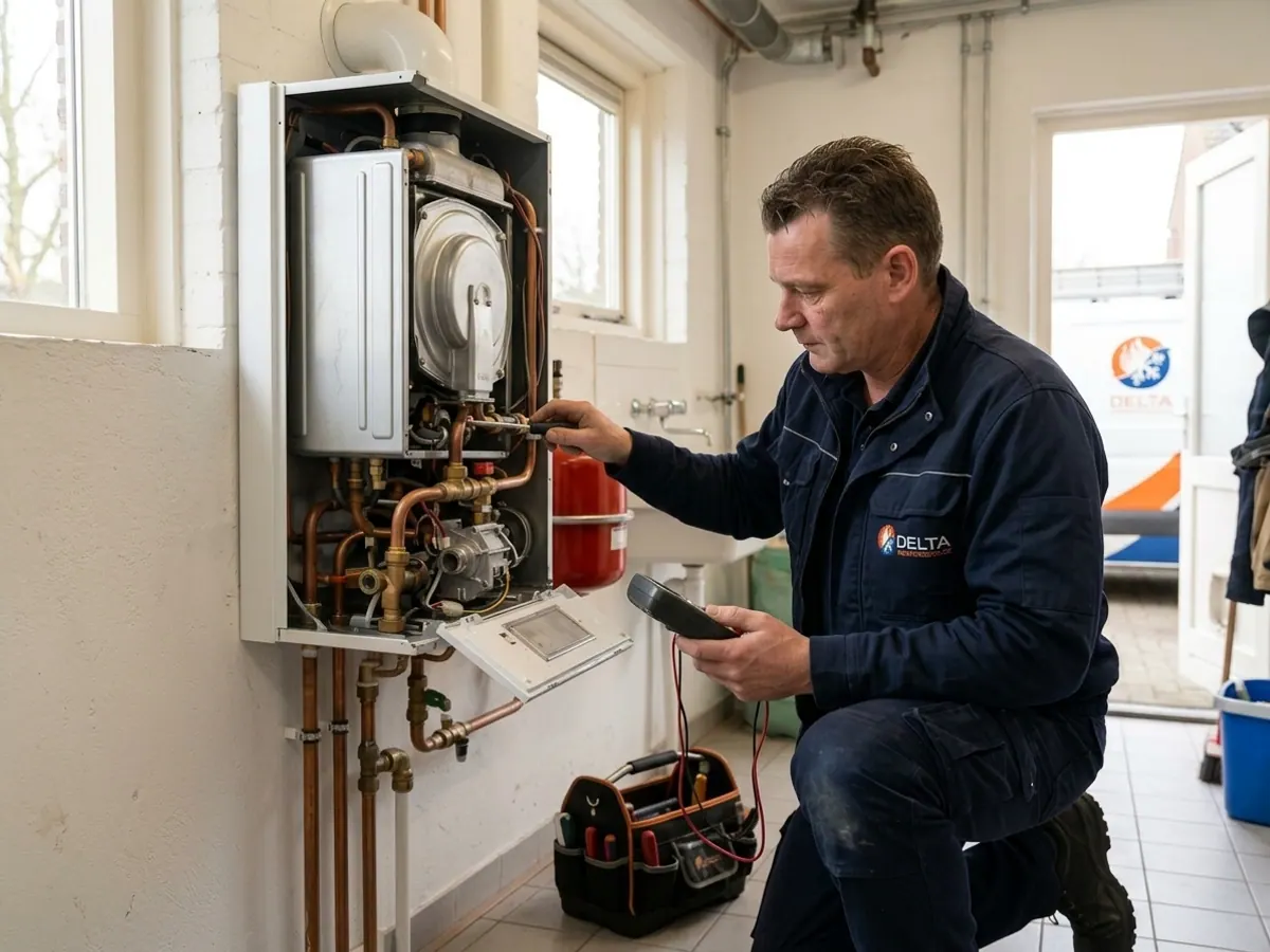 Gecertificeerde monteur van Deltawarmteservice verhelpt een acute cv-storing