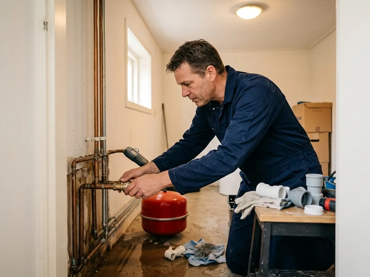 Loodgieter inspecteert leidingen en waterpeil na wateroverlast