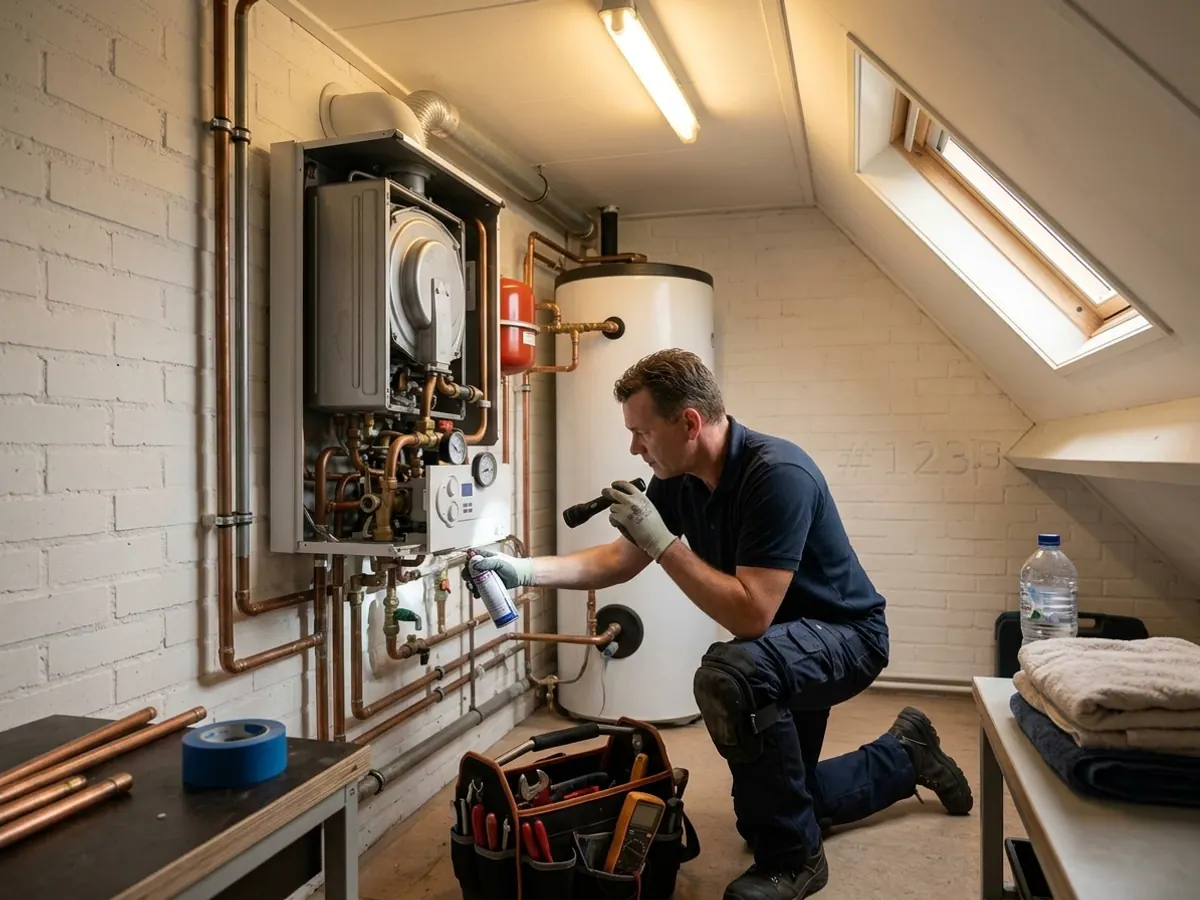 Loodgieter inspecteert leidingwerk op lekkages