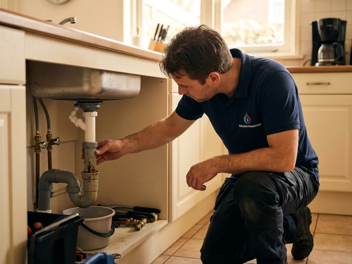 Loodgieter van Deltawarmteservice inspecteert een defecte afvoer