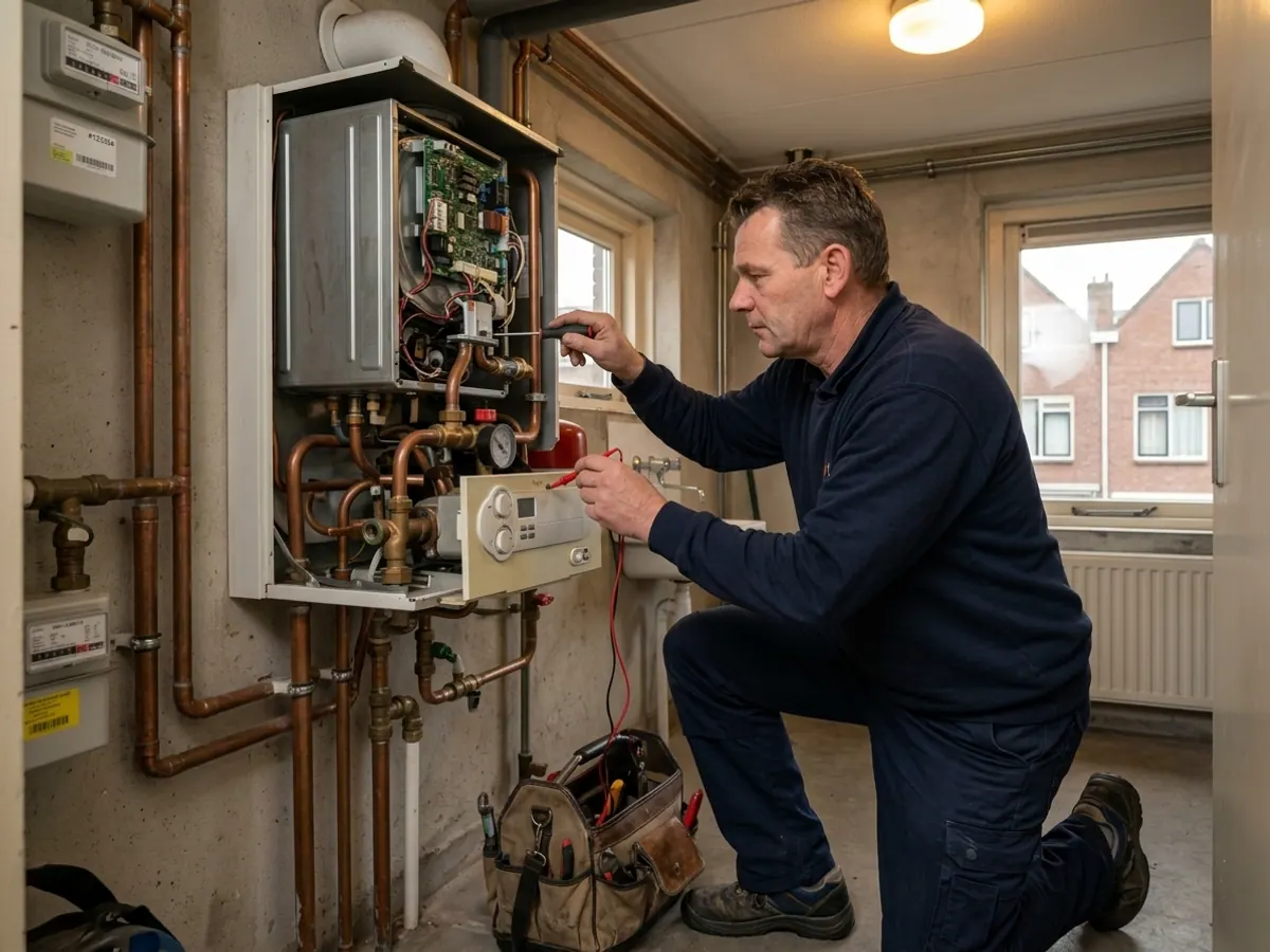 Monteur controleert elektronica en brander van cv-installatie