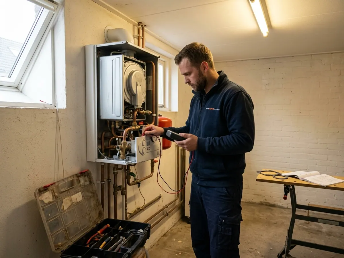 Monteur controleert onderdelen en leidingen van een cv-ketel tijdens een onderhoudsinspectie