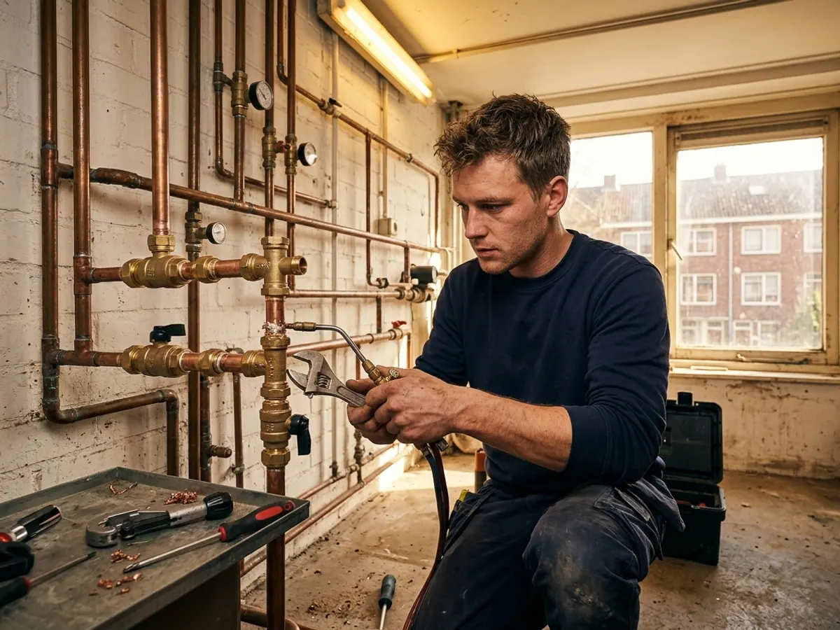 Monteur monteert nieuwe leidingkoppelingen en afsluiters