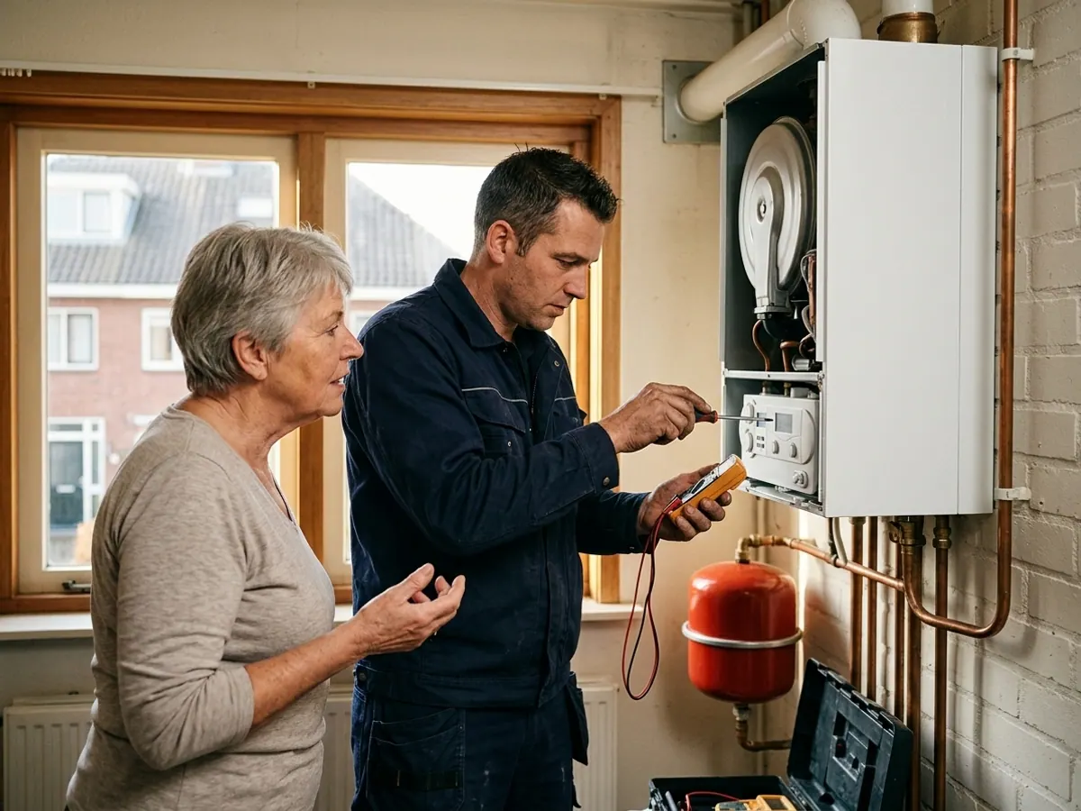 Monteur van Deltawarmteservice bespreekt de staat van de cv-ketel met een bewoner