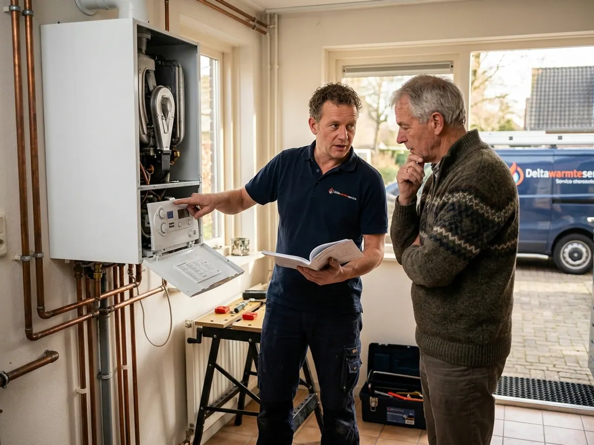 Monteur van Deltawarmteservice in overleg met een klant over de verwarmingsinstallatie
