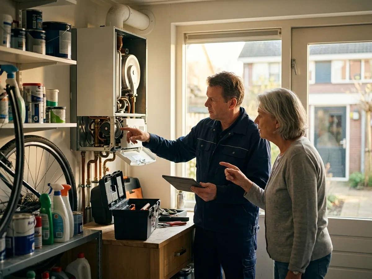 Monteur van Deltawarmteservice in overleg met klant over cv-ketel reparatie of vervanging