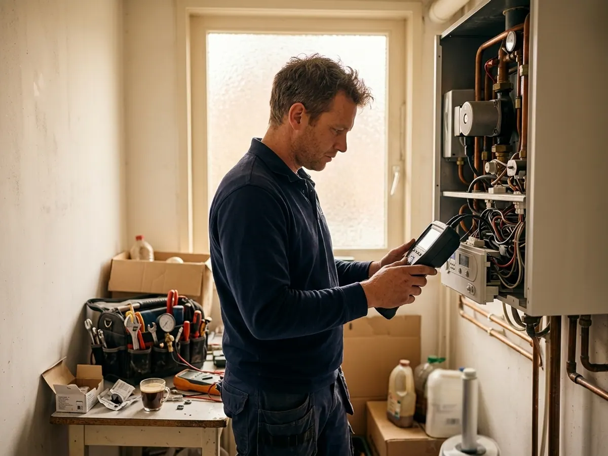 Monteur van Deltawarmteservice voert met spoed storingsdiagnose uit aan cv-installatie
