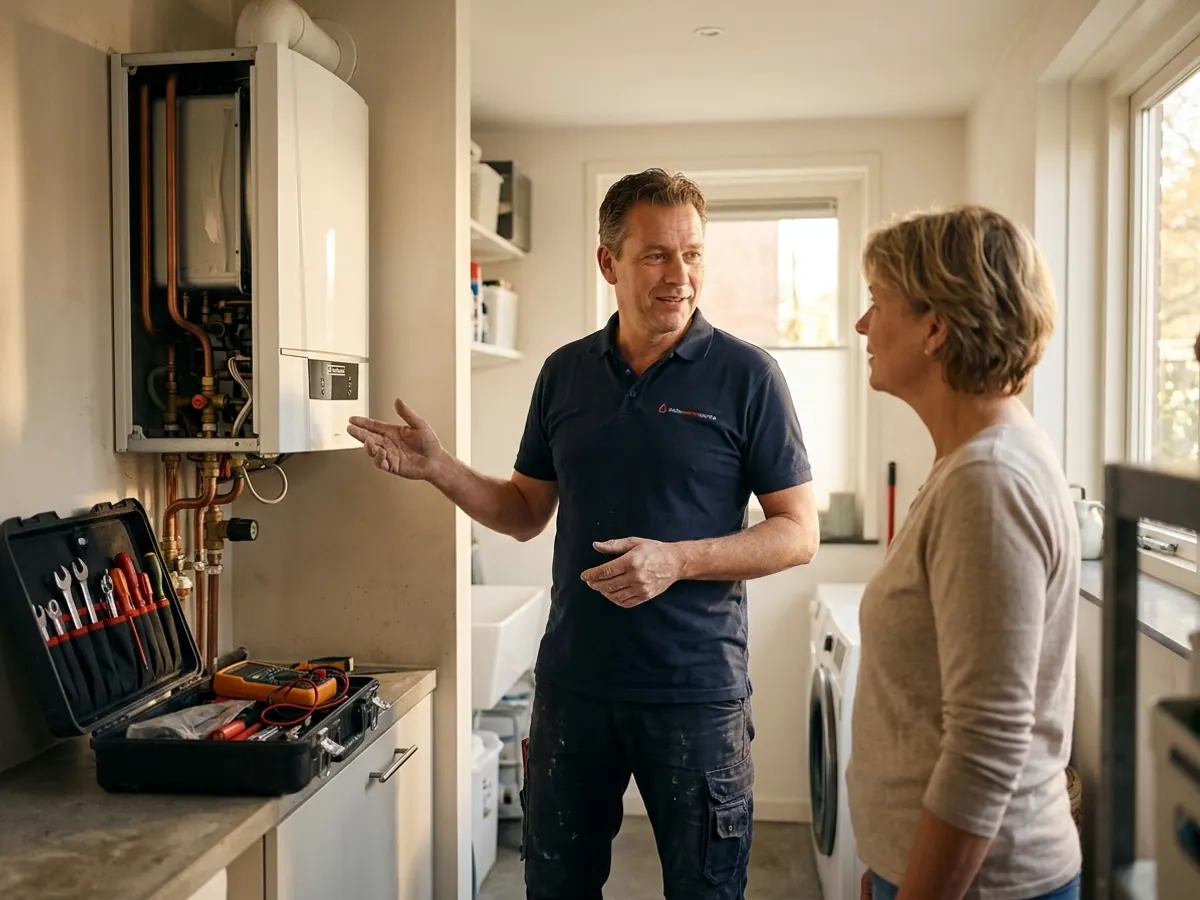 Monteur van Deltawarmteservice met klein bedrijfslogo op zijn werkkleding in gesprek met een bewoner over cv-onderhoud