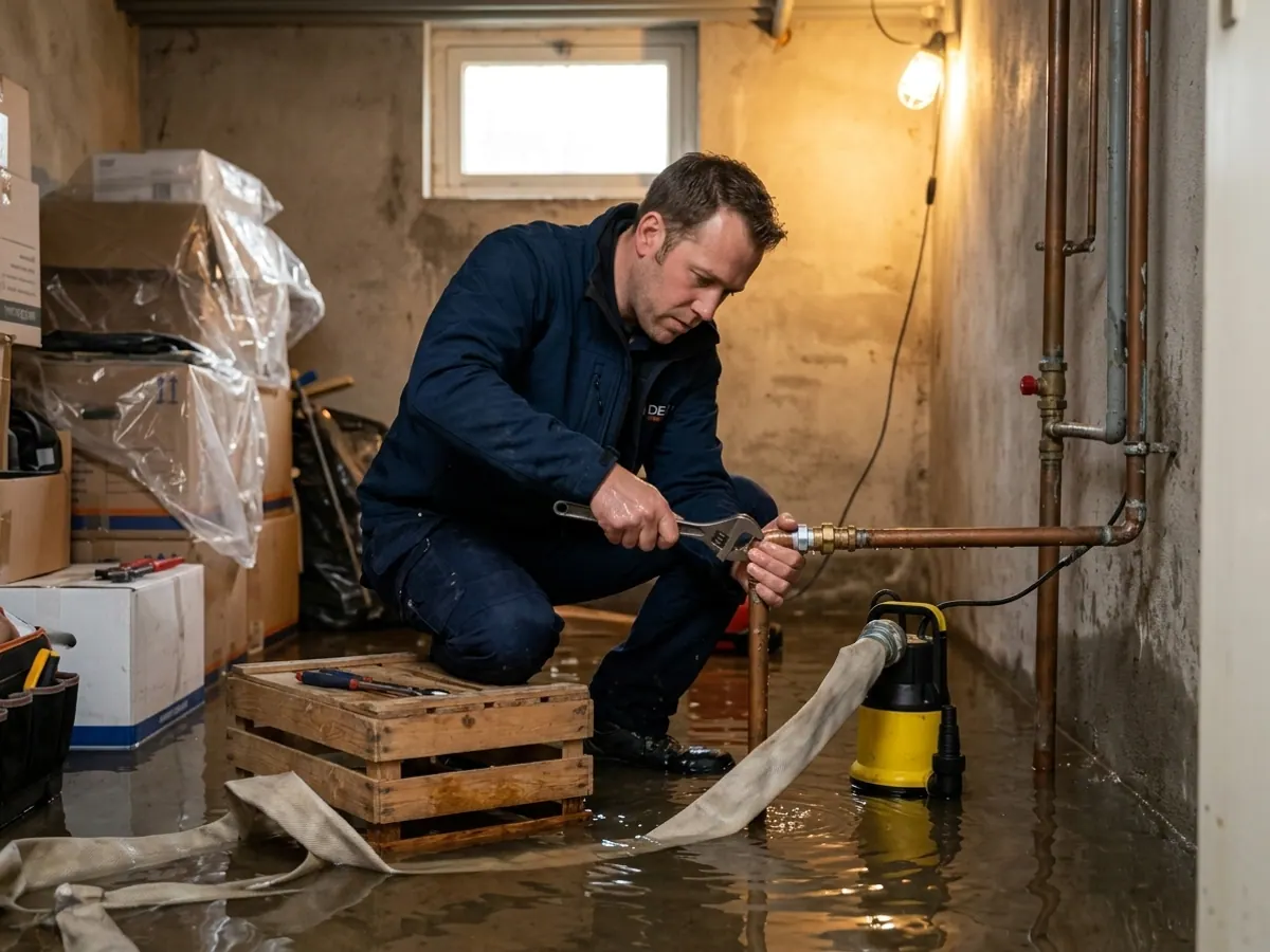 Loodgieter spoort lekkage en oorzaak van wateroverlast op in een kelder