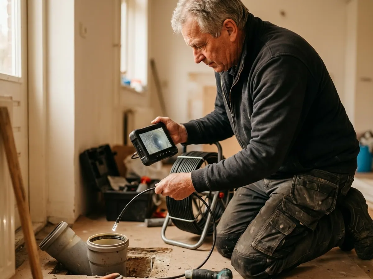 Loodgieter inspecteert afvoer en riool met camera-inspectieapparatuur