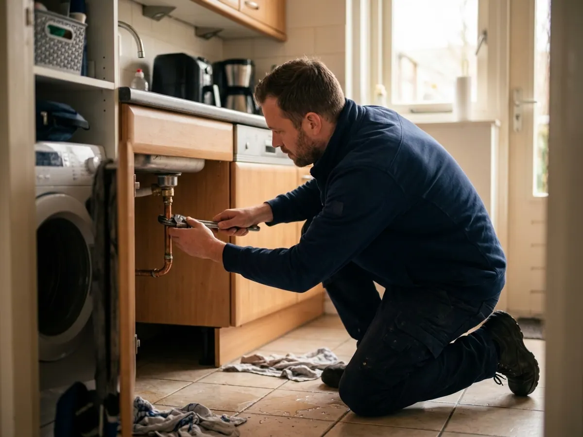 Loodgieter controleert en herstelt een lekkende leidingkoppeling in een keukenkastje