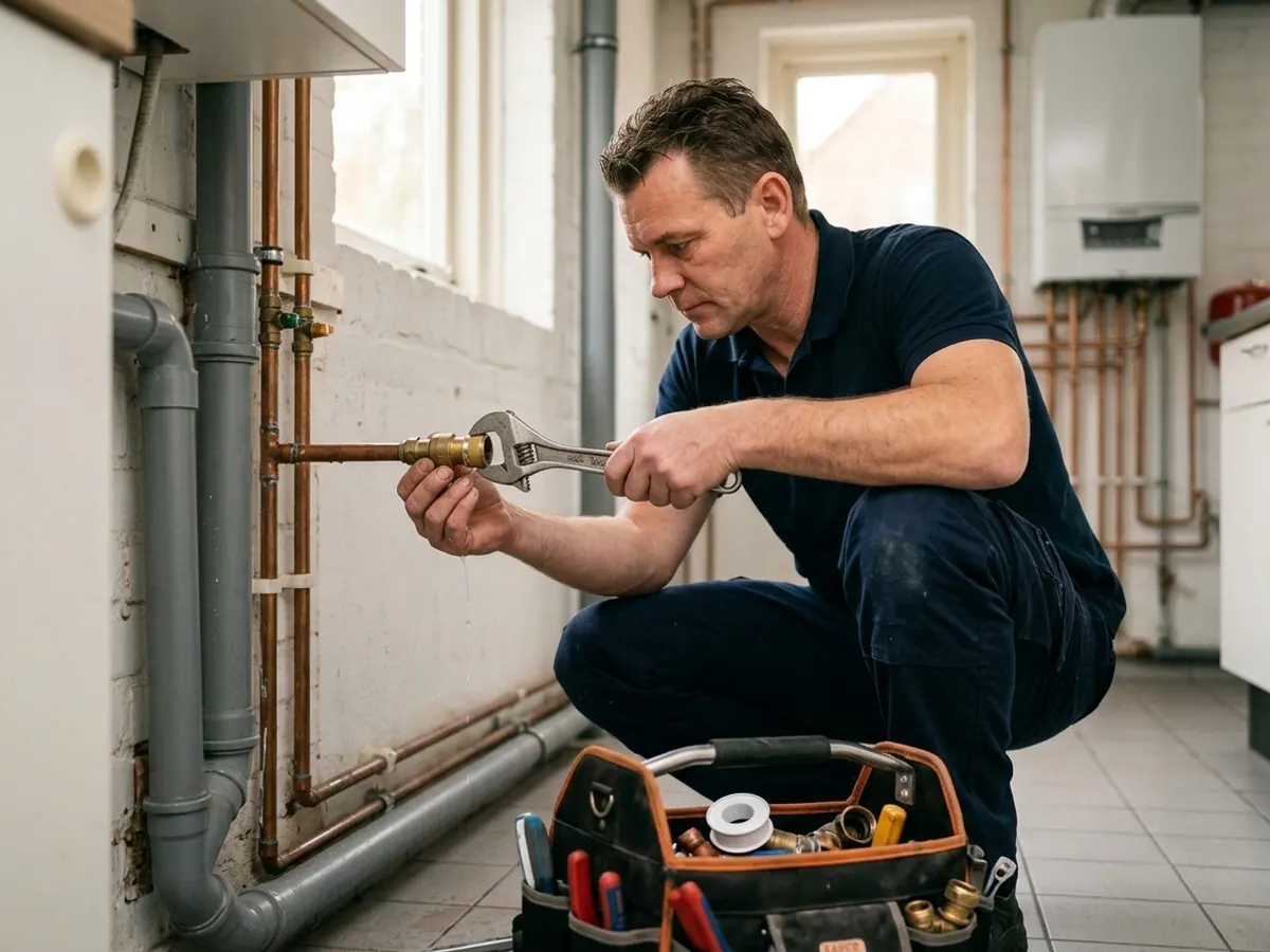 Monteur repareert vakkundig een waterlekkage aan een leidingkoppeling in huis
