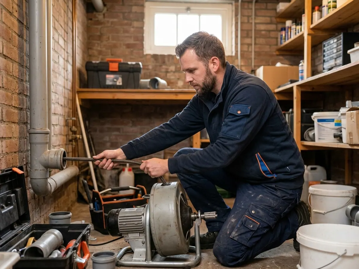 Loodgieter reinigt een verstopte afvoerleiding vakkundig met een professionele ontstoppingstechniek