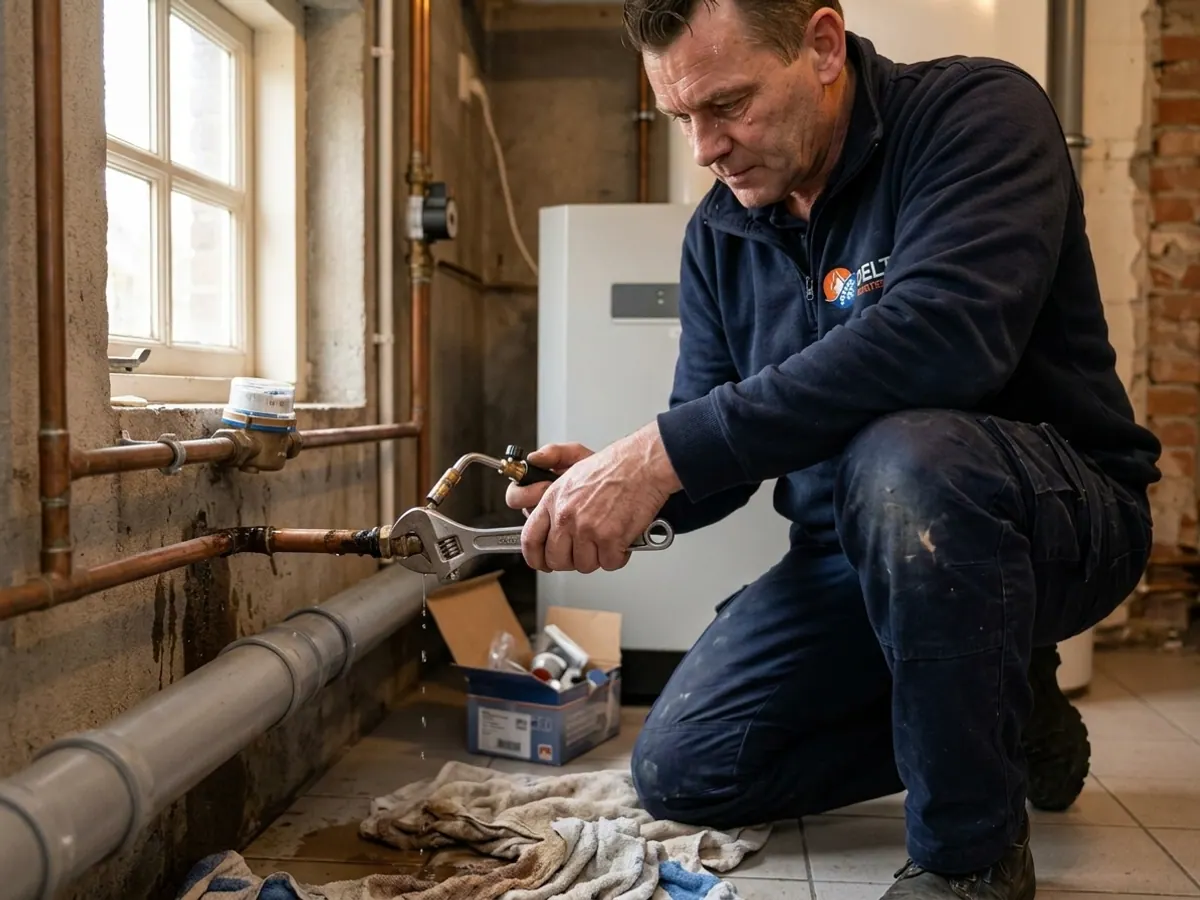 Vakman inspecteert leidingwerk en afvoer bij acute lekkage