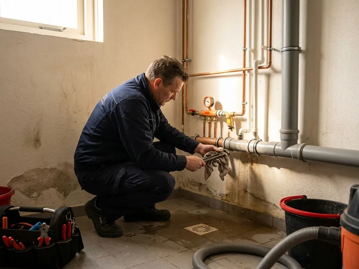 Vakman inspecteert leidingwerk en afvoer bij acute waterschade