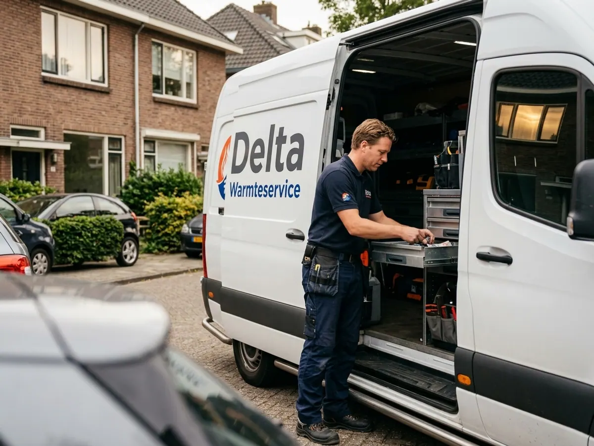 Moderne servicebus van Deltawarmteservice met belettering en logo op locatie voor onderhoud en service